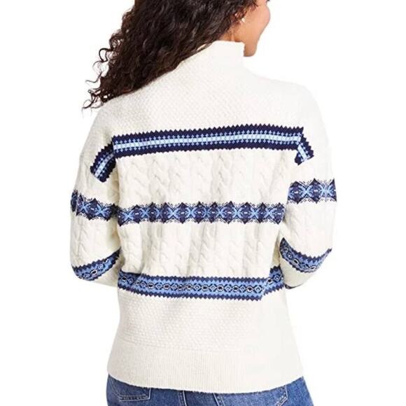 Vineyard Vines Nordic Stripe Cream White Blue Fair Isle Mock Neck Wool Sweater - Picture 3 of 7